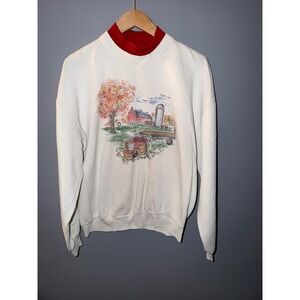 Gopher Sport‎ White Farm Scene Sweatshirt Red Mock Neck XL Vintage Fall